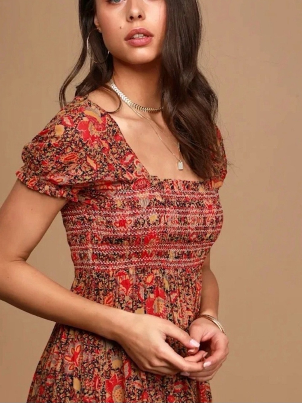Free People Rust Red Floral Smocked Maxi Dress Size M - Picture 3 of 7